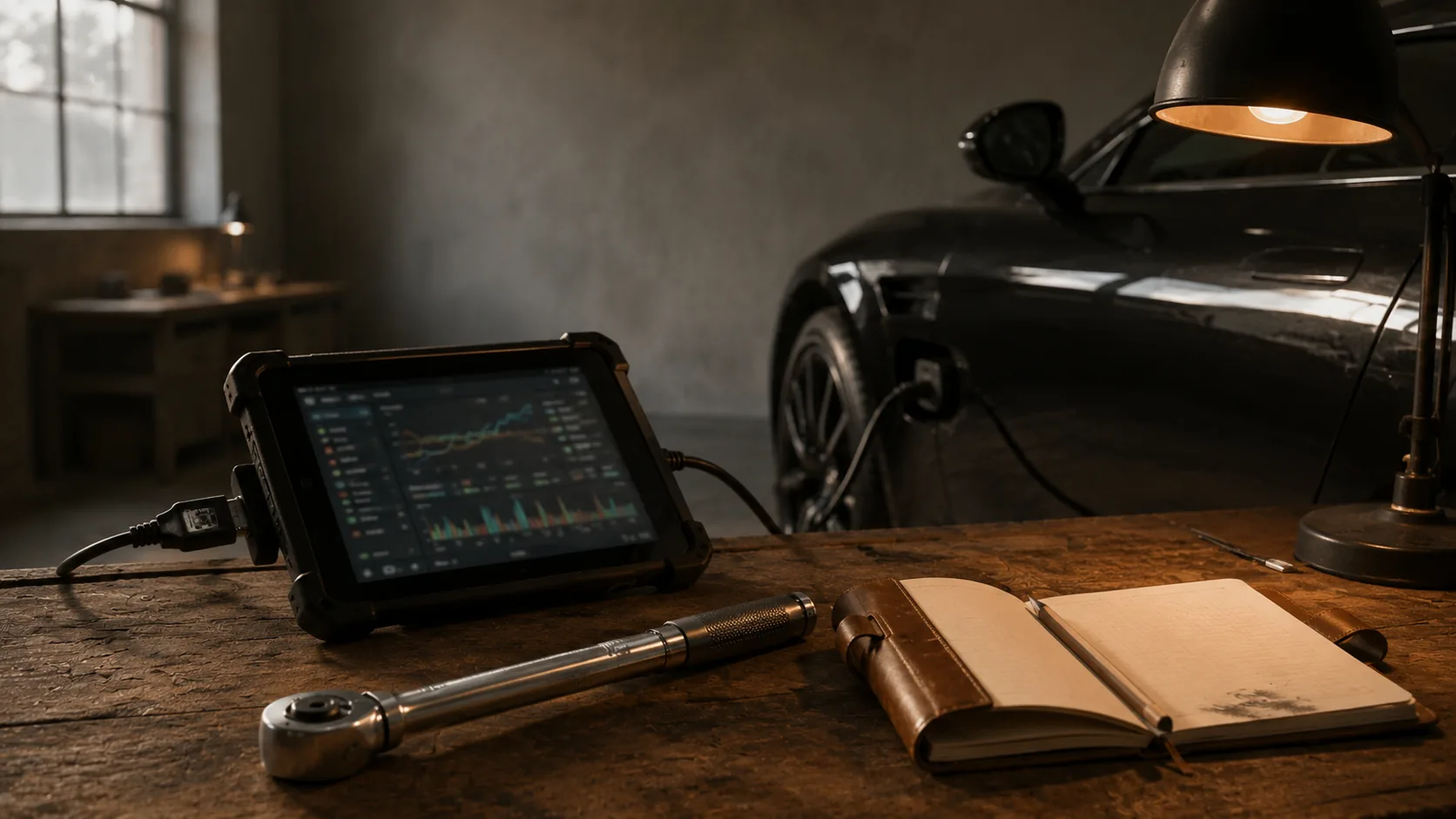 Bewertung — Sven prüft Diagnose-Tablet und Service-Heft im Atelier Prestige Selections